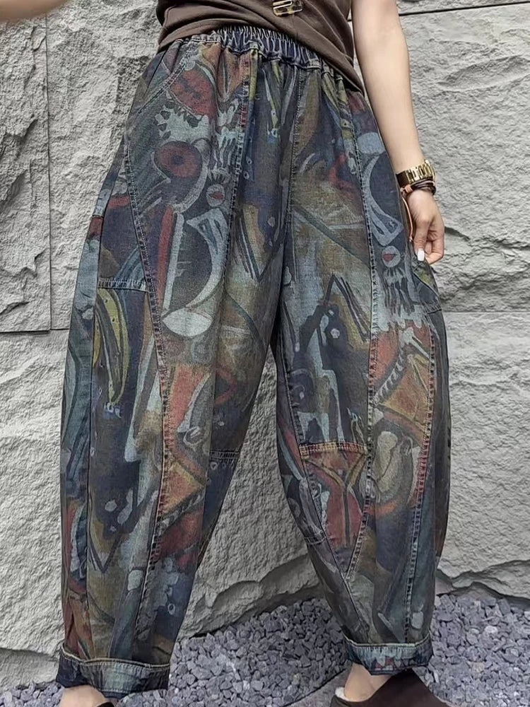 Fashion Loose Printed Vintage Womens Spring Denim Pants Patchwork Jeans Ladies Classic Casual Punk Wide Leg Trousers