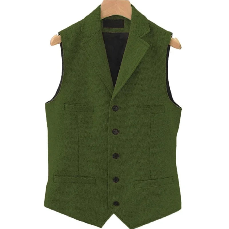 Men Vest Brown Herringbone Single Button With Lapel And Pocket Waistcoat For Wedding Groom Business Formal Banquet Work Men Suit