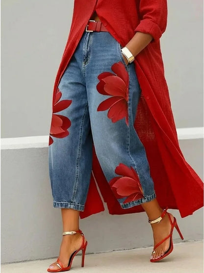 Women's High Waist Cropped Jeans Large Red Floral Print Relaxed Fit Denim Capri Pants 2026 Summer Streetwear Pants