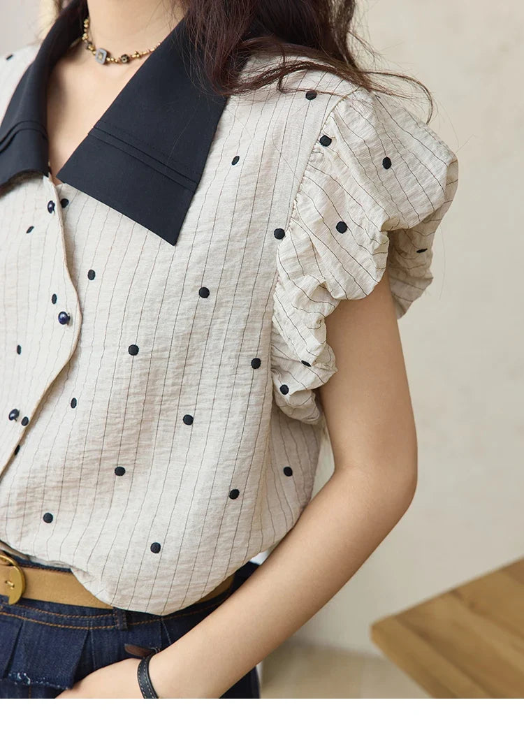 Summer Office Lady Blouses Women 2025 Short Sleeve Turn-down Collar Polka Dot Shirts Female Fashion Slim Tops MXE31C0776