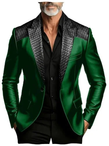 Men's Faux Suede Jacket with PU Leather Collar & Shoulder Two-Tone Blazer Contrast Trim Coat