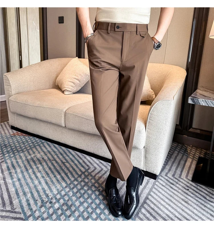 High Quality Modal Acetate Elastic Waist Casual Pants 2026 Spring Summer New Men's Solid Color Slim Fit Business Suit Pants