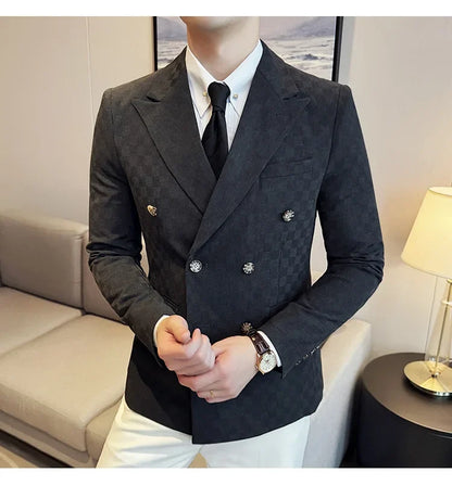 6 Color Fashion Double Breasted Plaid Suit Jacket Luxury Men Slim Fit Business Social Wedding Formal Suit Coats Plus Size 5XL-M