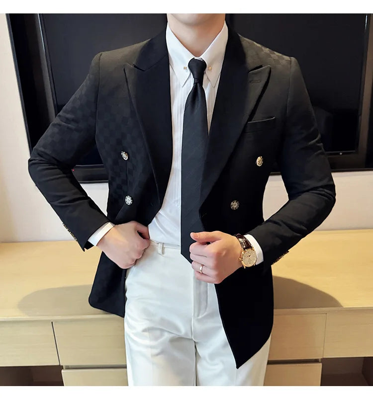 6 Color Luxury Double Breasted Blazers Coats 2024 New Fashion Checkered Business Slim Fit Social   Formal Suit Jacket 5XL-M
