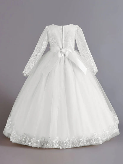 Long Sleeve Baptism Bridesmaids Party Girl Dresses Tulle Wedding Costumes Elegant Flower Princess Dress Girls Birthday Prom Gown