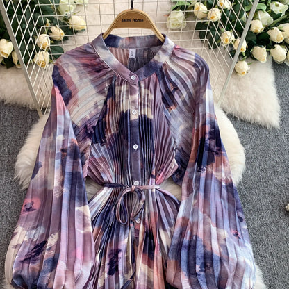 Ele Printed round Ne Lantern Sve Dr Women's Single Button Waist Cinch Maxi Skirt Long Dr Commute Sle Autumn