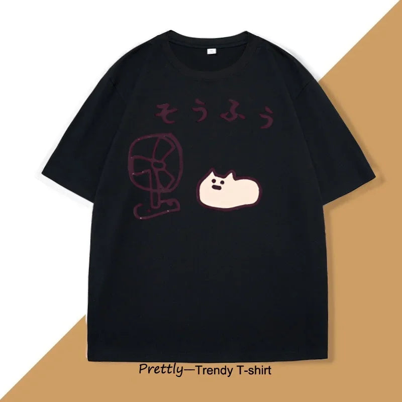 Cool Japanese Style Fan Cat T-shirt Women Funny Short Sleeve Tshirt Graphic T Shirts Summer Streetwear Pritned Tees