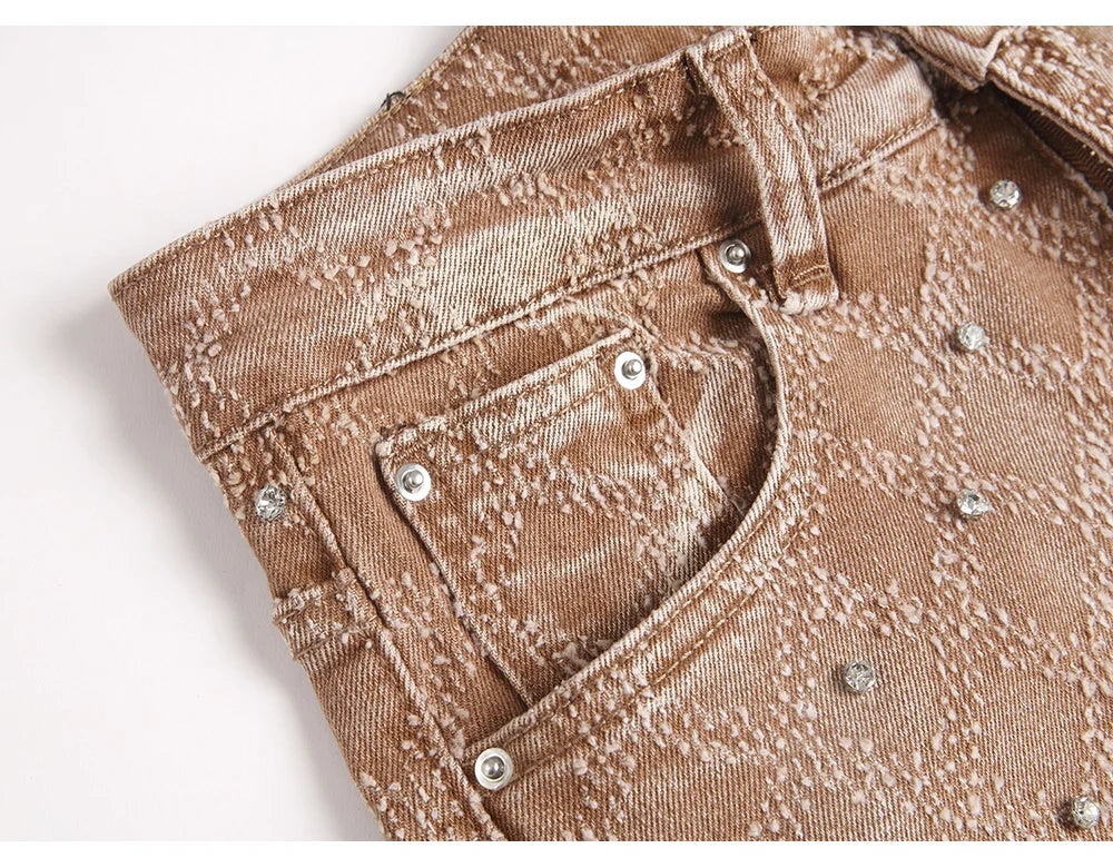 Men's Crystal Rhinestone Stretch Boot Cut Denim Jeans Punk Rivet Slim Flared Trousers Fashion Stretchy Pants