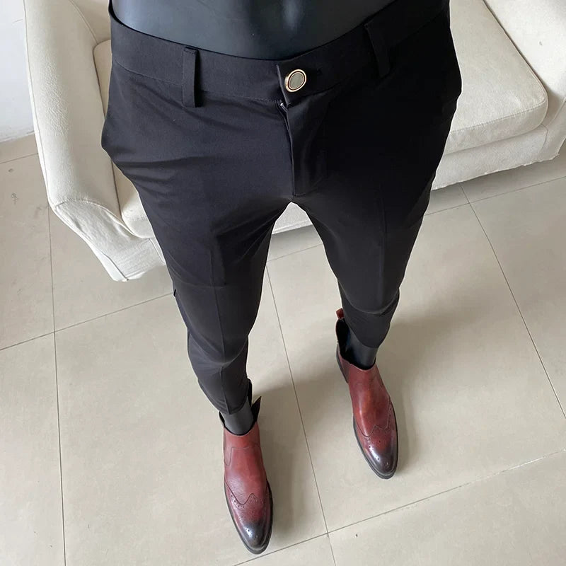 Summer New Light Thin Ice Silk Solid Color Casual Trousers High Quality Fashion Slim Fit Business Social Office Suit Pants