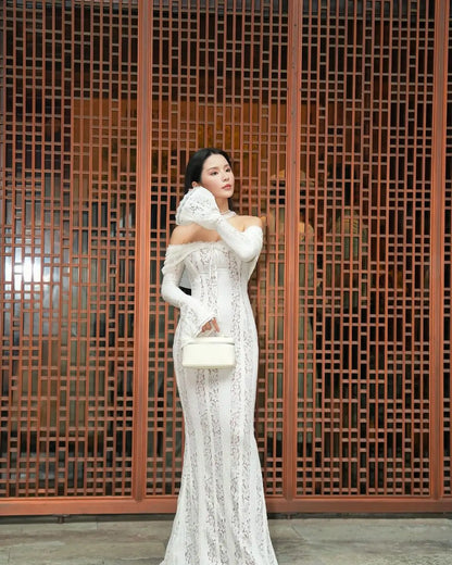 Autumn Off-Shoulder Maxi Dress Elegant Lace Flare Sleeves Red Evening Party Dress Women's New Arrival 2025 Cocktail Dress