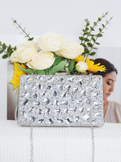 Ladies' high-end sparkling metal box shaped dinner bag, luxurious and fashionable metal strip decoration evening dress bag