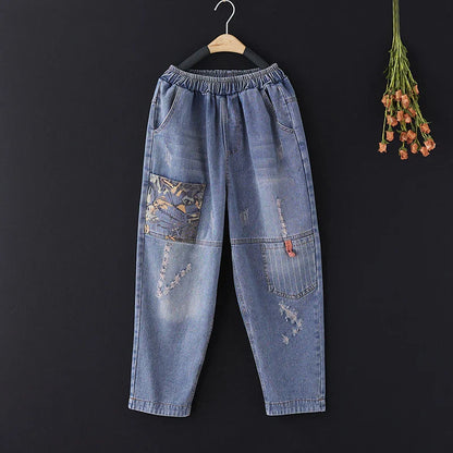 Casual Harajuku Sle Mom Jeans Women's Faion Trendy Hole Design Cotton Stretch Denim l Waist hine Embroidery