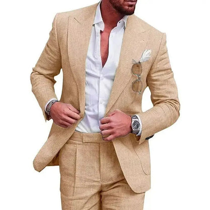 Men's Linen Suit 2 Piece Slim Fit Suit Summer Beach Wedding Suit Groosmen Prom Tuxedo Linen Blazer Pants Set
