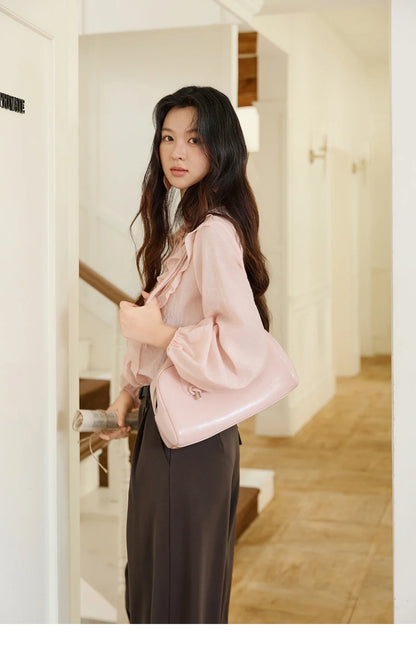 Pink Ruffled Blouse for Woman 2025 Autumn New Elegant Sweet V-neck Lace-up Design Shirt Lantern Sleeves Top MXE49X2504