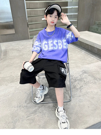 Hot Sale Teenager Boy Summer Tee Top and Bottom Clothes Set for Child Letter Print Cotton T-shirt + Shorts 2 Piece Clothing Suit