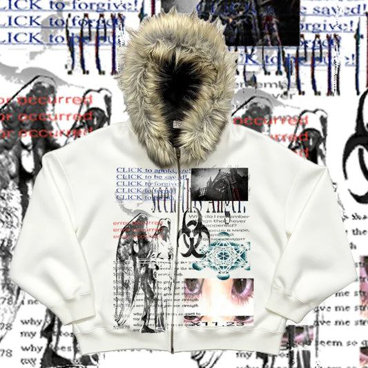 Y2k element horror parody plush thick warm fur collar hooded sweater lazy cardigan plush couple emo autumn and winter coat