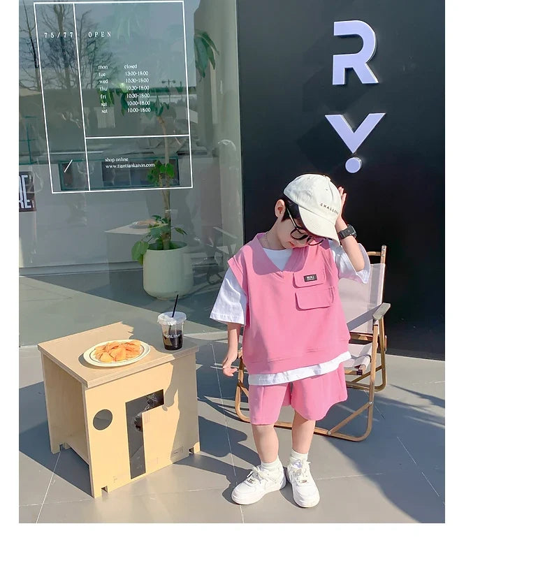 Summer Baby and Boys Cotton Contrast Patchwork t-Shirt Tops+Shorts Pant Sets School Kids Tracksuit Child 2PCS Outfit 1-10 Years