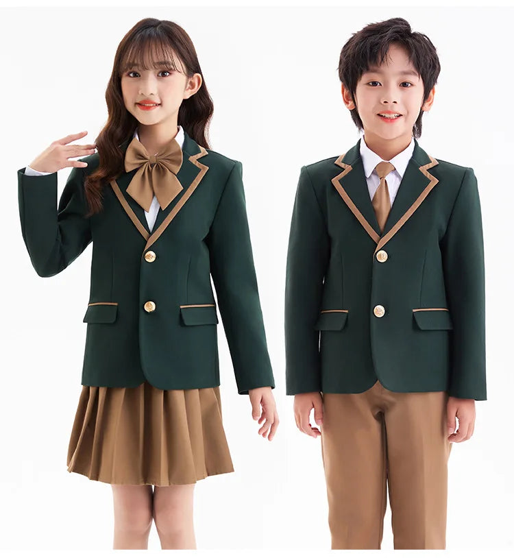 Children British Green School Uniform Girls Korean Jacket Pleated Skirts Boys Blazers Pants Suits Kids Teens Student Clothes Set