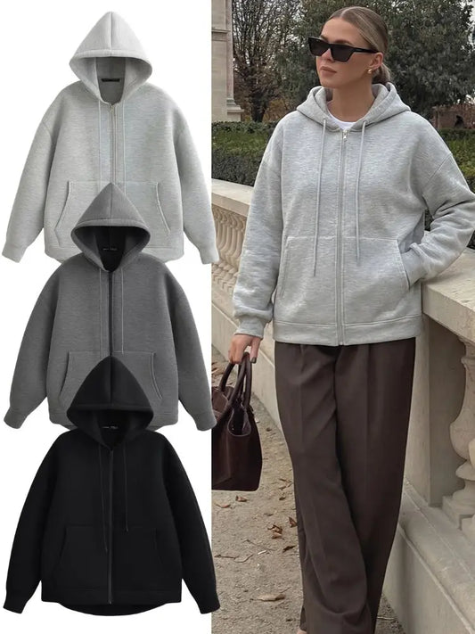 2026 Casual Women's Soild Zipper Hoodie Long Sleeve Big Pocket Zipper Jacket With Hood Female Loose Outerwear Coat Tops
