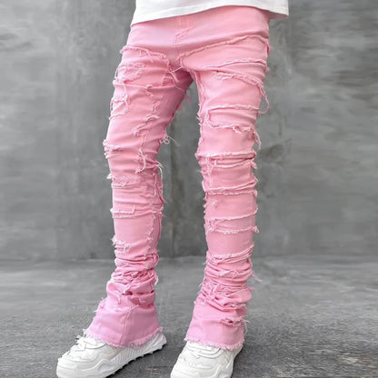 New European and American Heavyweight Streetwise Stretch Patch Jeans for Men, High Street Straight Fit Long Jeans16-3001