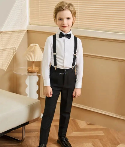Boys 007 Photograph Suit School Kids Shirt Strap Pants Bowtie 4PCS Clothing Set Children Piano Performance Dance Dress Costume