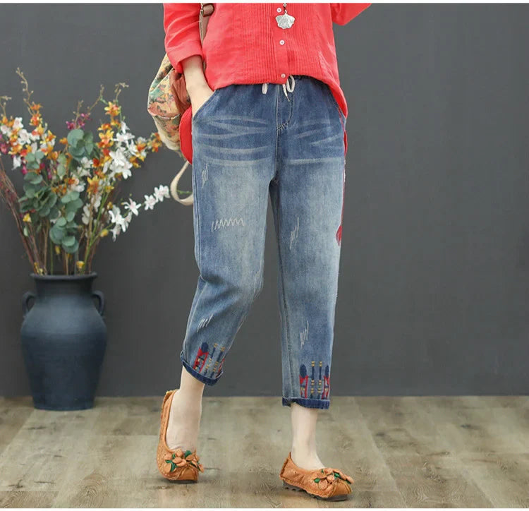 Fashion Summer Ladies Ripped Loose Jeans Womens Leisure Embroidery Denim Trousers Vintage Females Elastic Harem Pants