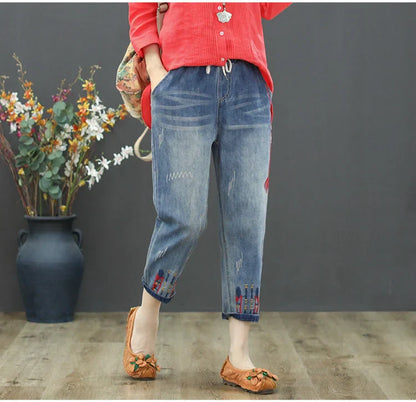 Fashion Summer Ladies Ripped Loose Jeans Womens Leisure Embroidery Denim Trousers Vintage Females Elastic Harem Pants