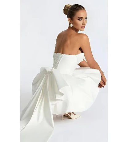 2025 Satin Strapless Back To School Dress with A Large Bow At The Back, Mini Skirt for Teenagers Cocktail Dress Short DanceDress