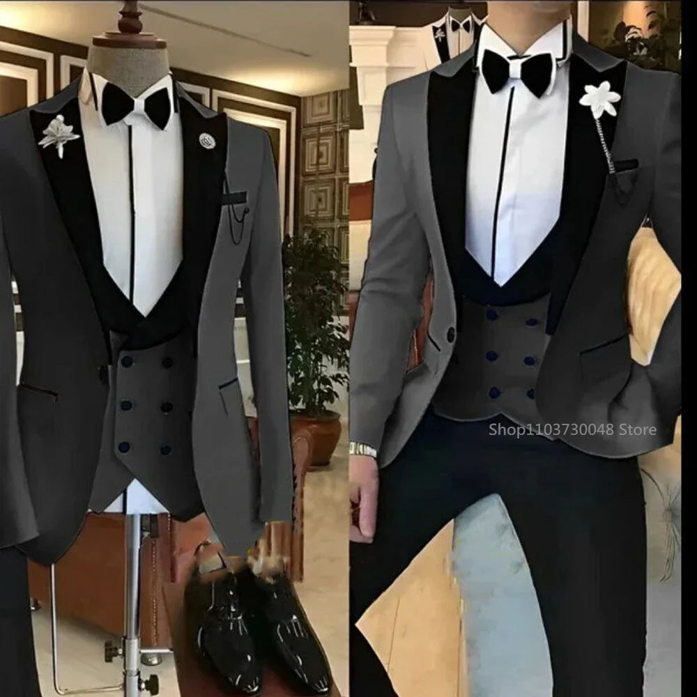 Solid Men's 3 Pieces Suit One Button Peak Lapel Jacket Vest Trousers Dinner Wedding Groom Tuxedos Slim Fit Formal Business Suits