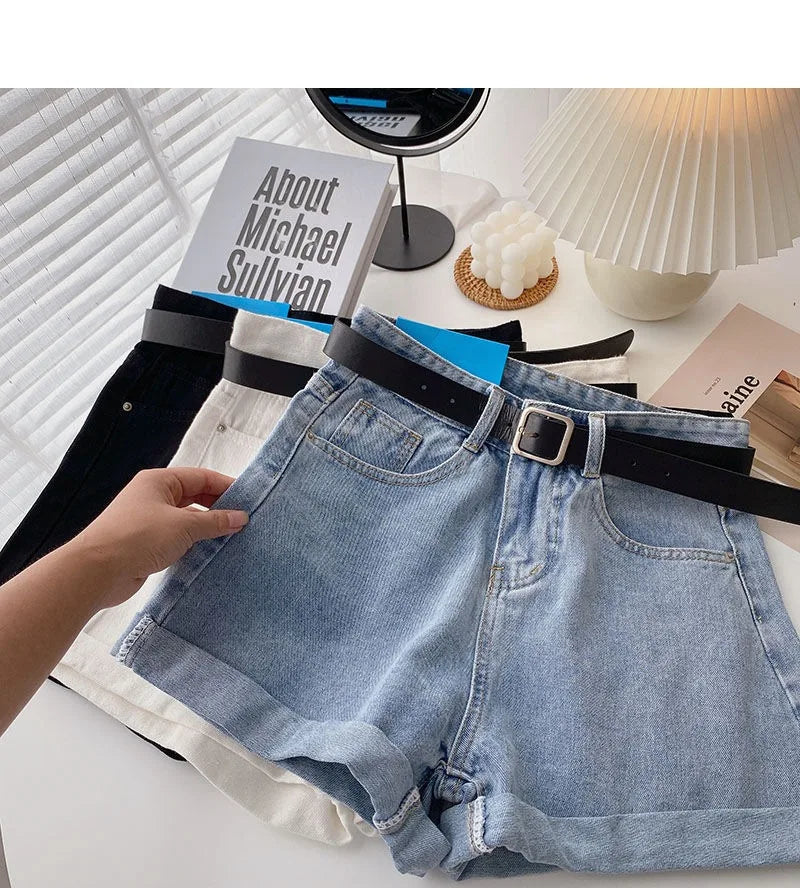 Wide Leg Denim Shorts With Belt Women Summer High Waist Pocket Hot Pants Streetwear Korean Fashion Casual Cowboy Jeans Shorts