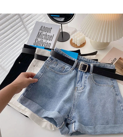 Wide Leg Denim Shorts With Belt Women Summer High Waist Pocket Hot Pants Streetwear Korean Fashion Casual Cowboy Jeans Shorts