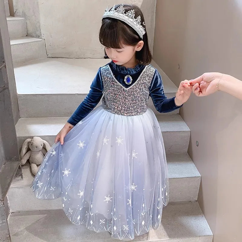 Girls' Spring 2026 New Velvet Elsa Frozen Princess Dress Kids Blue Cape 2 Piece Set Warm Dresses For Girl Party 3-9 Years Old ﻿