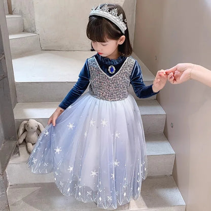 Girls' Spring 2026 New Velvet Elsa Frozen Princess Dress Kids Blue Cape 2 Piece Set Warm Dresses For Girl Party 3-9 Years Old ﻿