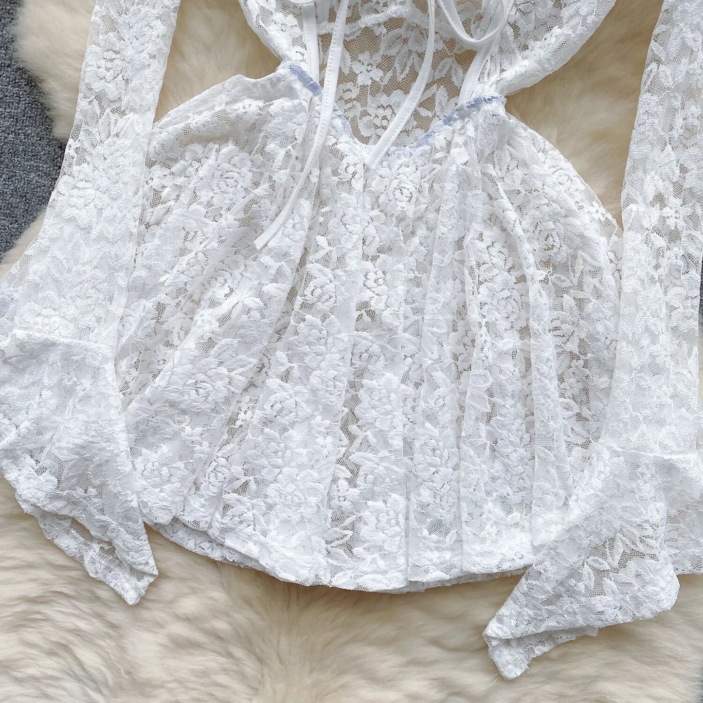 Women's Autumn Mesh Lace Hollow Out White Short Dress Women Micro Flare Sleeve See Through Translucent Sexy Girl's Mini Dress