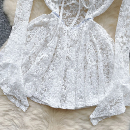 Women's Autumn Mesh Lace Hollow Out White Short Dress Women Micro Flare Sleeve See Through Translucent Sexy Girl's Mini Dress