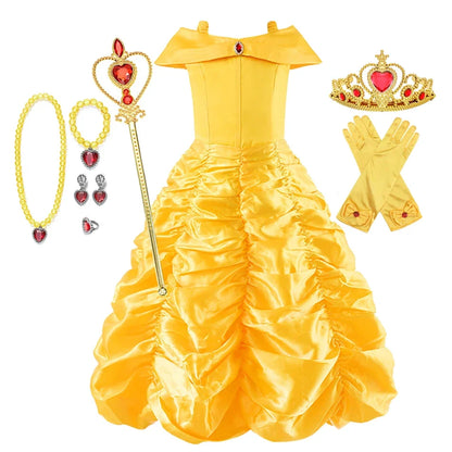 Yellow Princess Dress Halloween Cosplay Costumes Beauty and The Beast Kid Dress For 2-10Y Girls Birthday Party Children Clothing