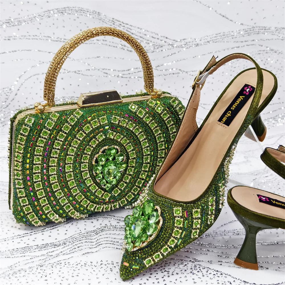 Popular Pointed Women Shoes Heels and Bags Rhinestone Chain Ladies Wedding Party Elegant and Luxurious Fashion