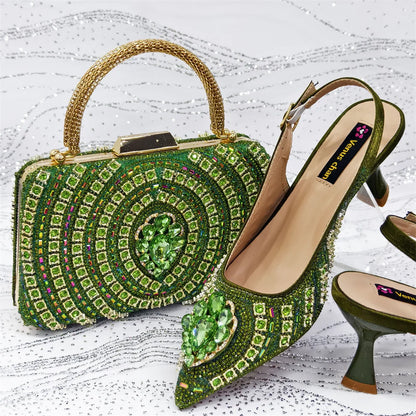 2025 Elegant Fruit Green Women's Green Heels and Rhinestone Handbag Set - Italian Design for Weddings and Parties