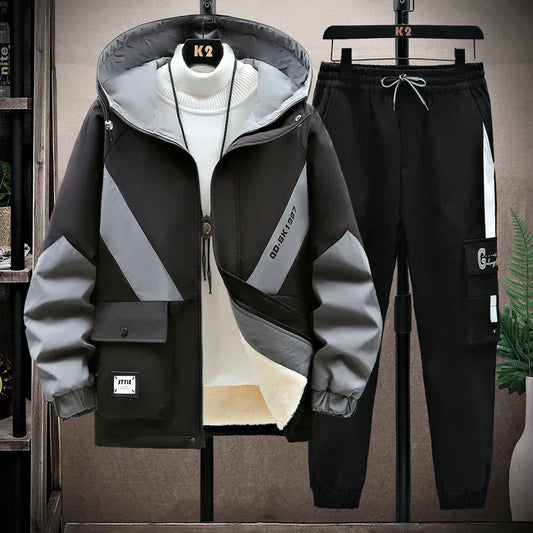 Winter Tracksuit Men Warm Sports Printed Thick Suit Mens Casual Hooded jacket+Pants Sweatsuit Male 2 Piece Sportswear