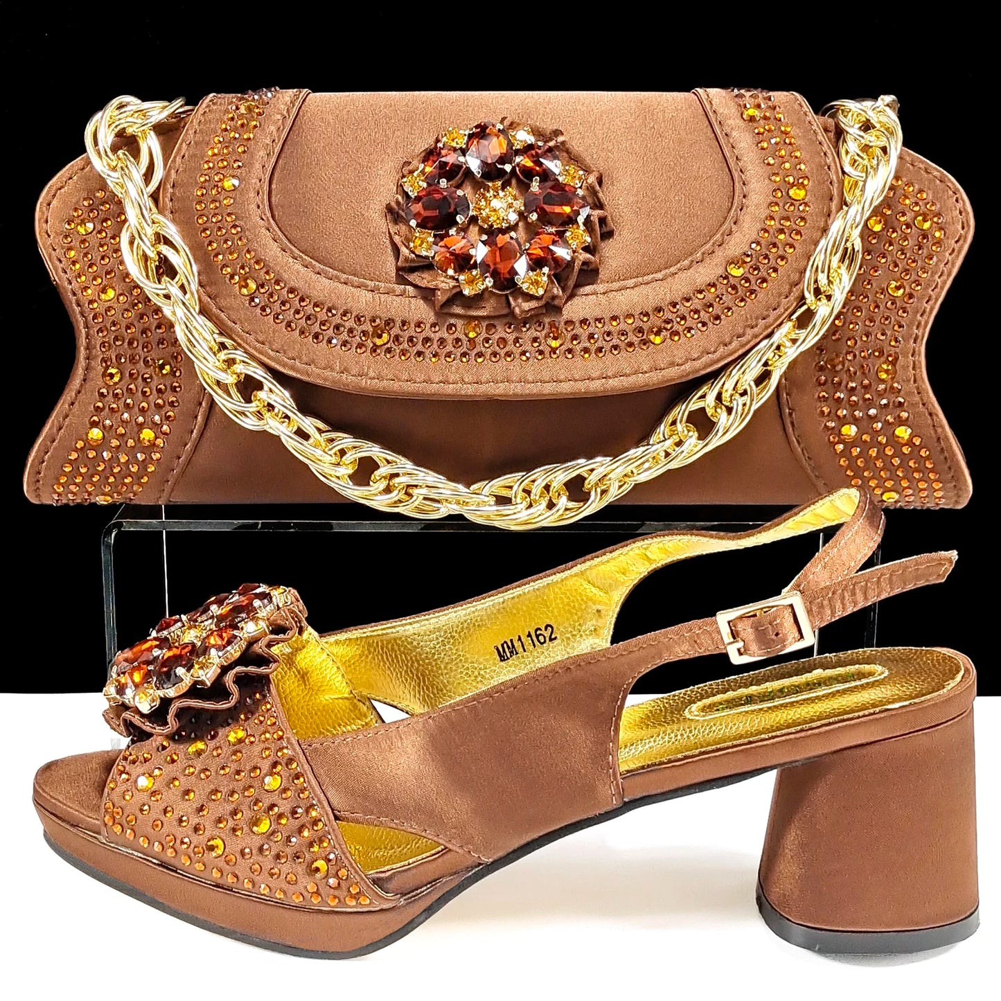 Open Toe Women Heels for 2024 Elegant Party Olive Color Diamond Pumps Italian Shoes and Bags Matching Set