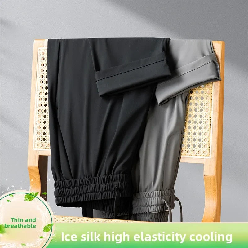 High Quality Ice Silk Stretch New Brand Casual Fashion Elastic Strappy Long Pants Street Style Pencil Teens Trousers Men Clothes