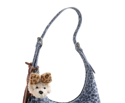 y2k leopard Print Shoulder Bag, Cute Puppy Pendant, Large Capacity Hobo Bag for Women's Casual Commute 3-Way Carry