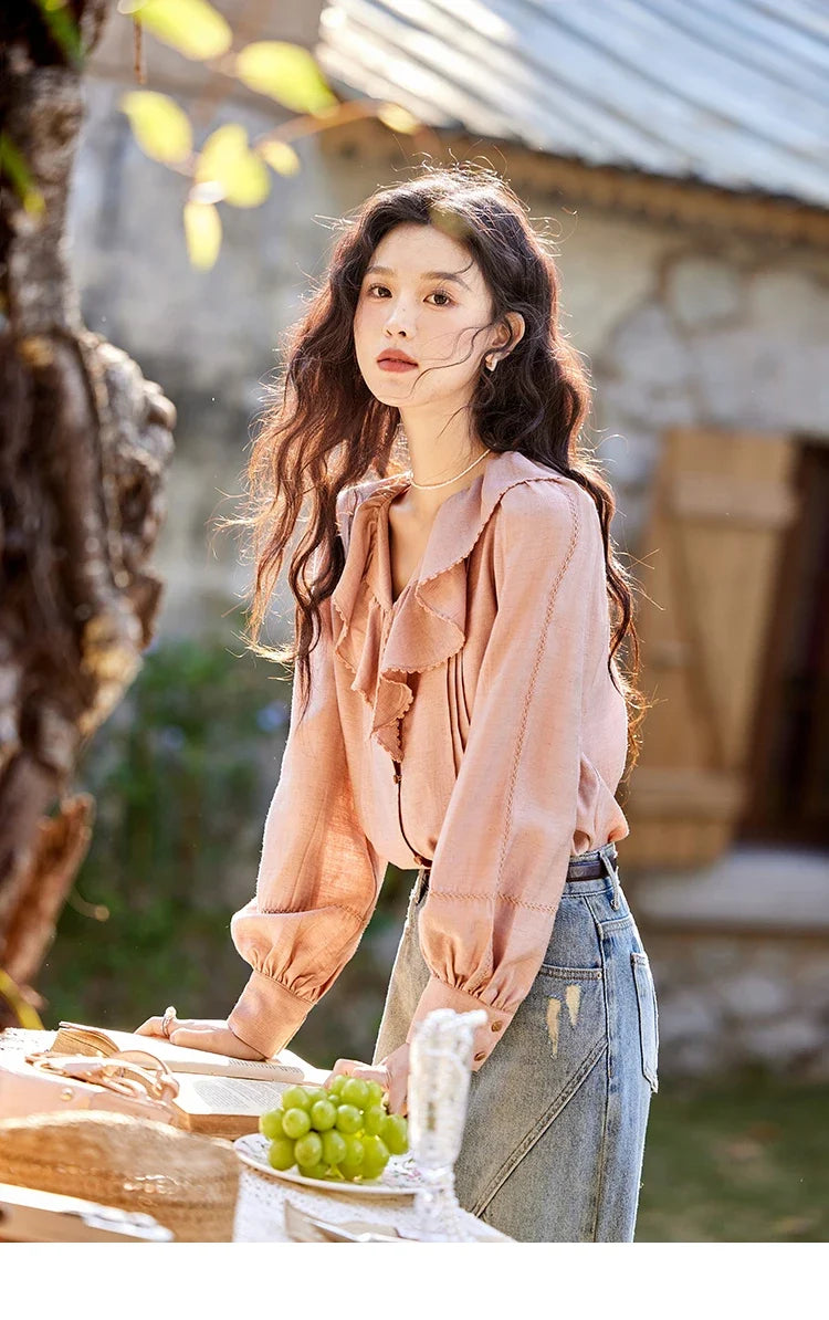 Lotus Leaf Collar Shirt Bubble Sleeves Pink Shirt for Women Spring 2025 Sweet Chiffon Top Temperament Shirts MXE12X1702