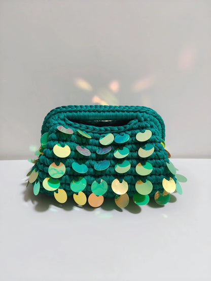 Yingzi Small Sequin Crochet Cluth Bag with Shine Paillettes Handmade Evening Bag Makeup Bag