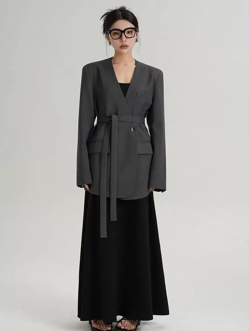 Fashion Collarless Blazers Jacket Ladies Korean Streetwear Design Belt Temperament Blazer Woman Chic Long Sleeve Loose Suit Coat