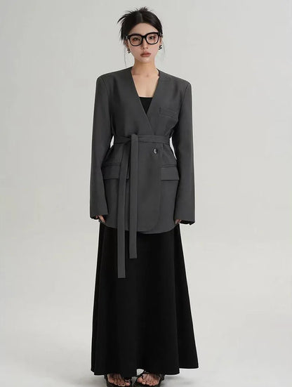 Fashion Collarless Blazers Jacket Ladies Korean Streetwear Design Belt Temperament Blazer Woman Chic Long Sleeve Loose Suit Coat