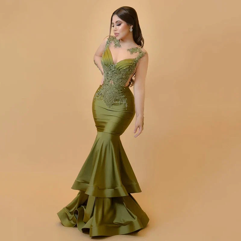 2024 Mermaid Prom Evening Dresses Appliques Beadings Satin Night Dress Saudi Arabia Cocktail Party Prom Gown Customize