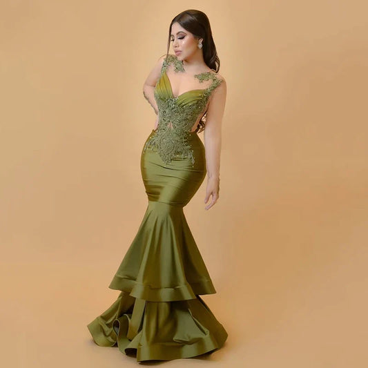 2024 Mermaid Prom Evening Dresses Appliques Beadings Satin Night Dress Saudi Arabia Cocktail Party Prom Gown Customize