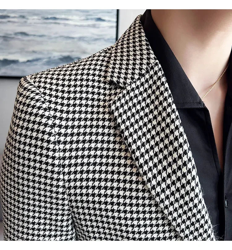 2025 Spring Men's Plaid Suit Jacket Korean Luxury Business Slim Fit Social Suit Jacket Formal Social Party Wedding Prom Tuxedo