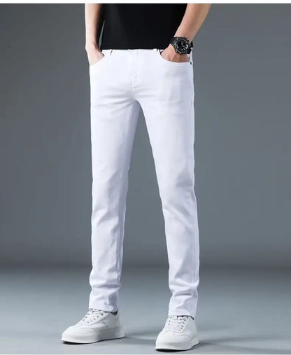 Korean Man Designer Clothes 2025 White Jeans Men Spring Autumn Printed Students Slim Stretch Pencil Pants Workwear Long Trousers